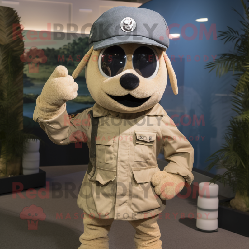 Tan Commando mascot costume character dressed with a Denim Shorts and Beanies