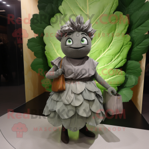 Gray Cabbage Leaf mascot costume character dressed with a A-Line Skirt and Handbags