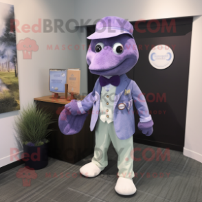 Lavender Cod mascot costume character dressed with a Henley Shirt and Ties