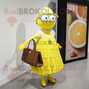 nan Lemon mascot costume character dressed with a Dress and Tote bags