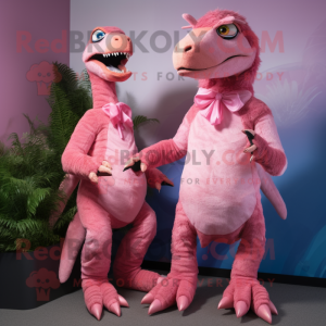 Pink Deinonychus mascot costume character dressed with a Romper and Cummerbunds