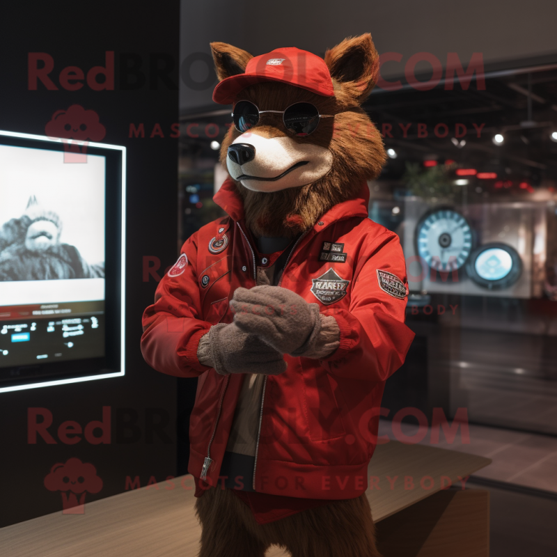 Red Say Wolf mascot costume character dressed with a Jacket and Digital watches