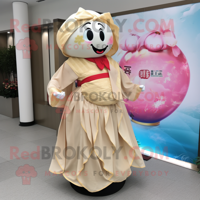 Tan Dim Sum mascot costume character dressed with a Maxi Dress and Cummerbunds