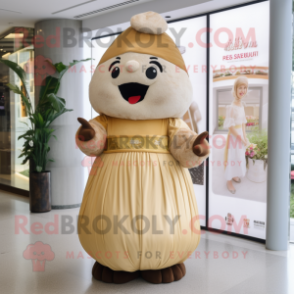 Tan Dim Sum mascot costume character dressed with a Maxi Dress and Cummerbunds