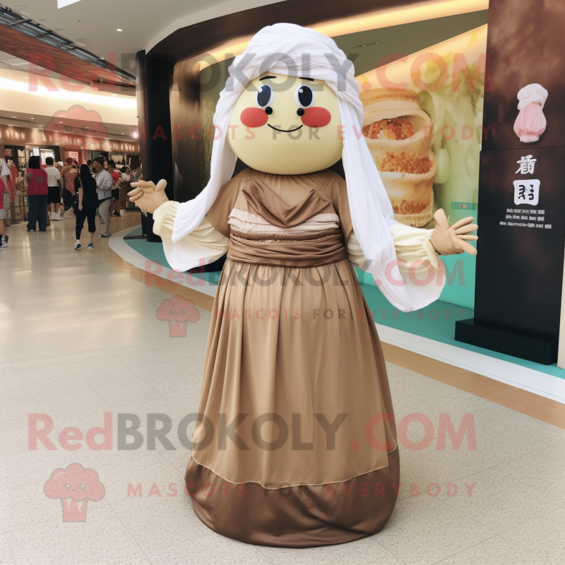 Tan Dim Sum mascot costume character dressed with a Maxi Dress and Cummerbunds