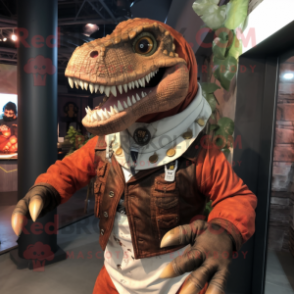 Rust Allosaurus mascot costume character dressed with a Waistcoat and Rings