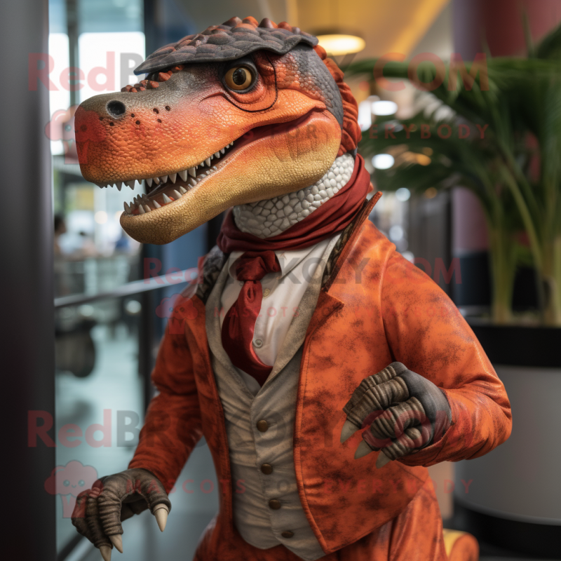 Rust Allosaurus mascot costume character dressed with a Waistcoat and Rings