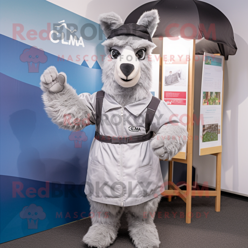 Gray Llama mascot costume character dressed with a Raincoat and Ties