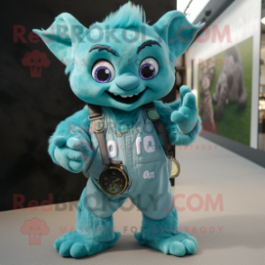 Turquoise Gargoyle mascot costume character dressed with a Dungarees and Smartwatches