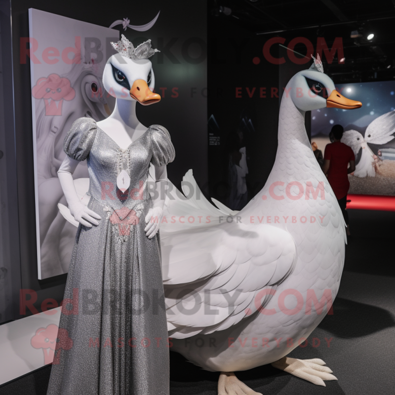 Silver Swans mascot costume character dressed with a Maxi Skirt and Brooches