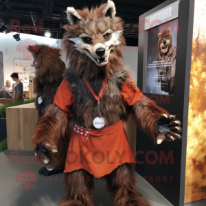 Rust Werewolf mascot costume character dressed with a Wrap Dress and Cummerbunds