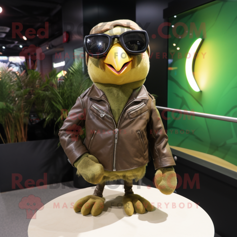 Olive Canary mascot costume character dressed with a Leather Jacket and Eyeglasses