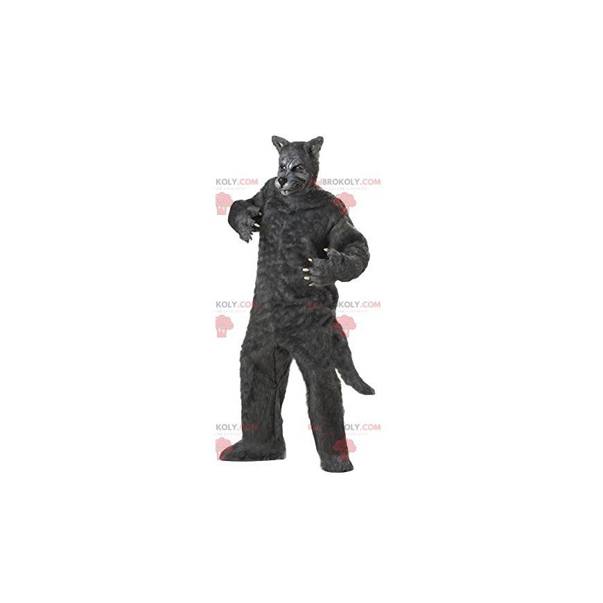 Angstaanjagende grijze wolf mascotte. Wolf kostuum -