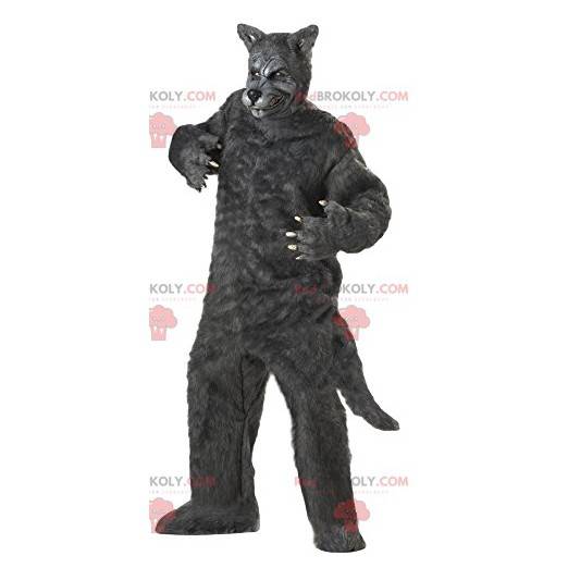 Angstaanjagende grijze wolf mascotte. Wolf kostuum -