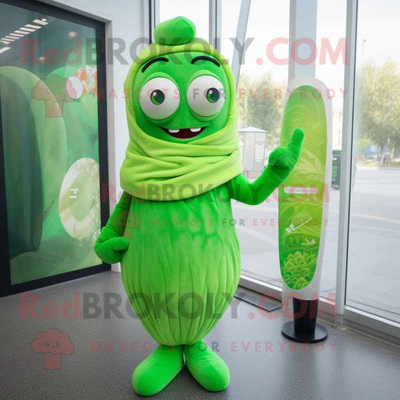 Lime Green Ice mascot costume character dressed with a Wrap Dress and Wraps