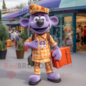 Lavender Currywurst mascot costume character dressed with a Cargo Pants and Handbags