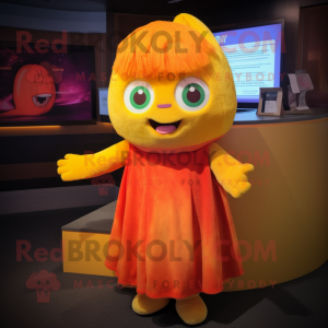 Orange Rainbow mascot costume character dressed with a Midi Dress and Shawl pins