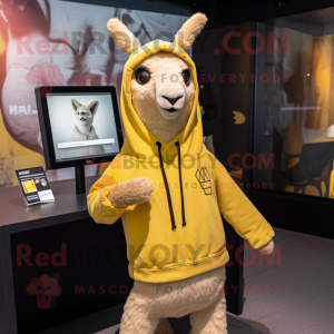 Yellow Llama mascot costume character dressed with a Hoodie and Lapel pins