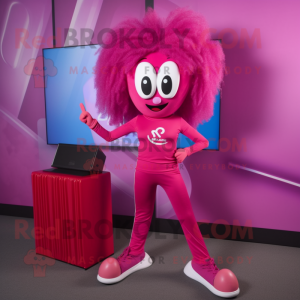 Magenta Candy Box mascot costume character dressed with a Yoga Pants and Hair clips