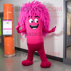 Magenta Candy Box mascot costume character dressed with a Yoga Pants and Hair clips