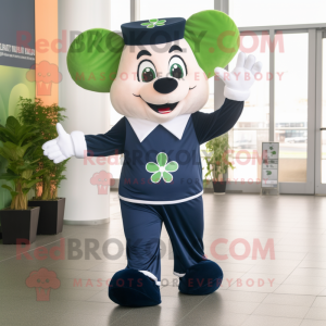 Navy Four Leaf Clover mascot costume character dressed with a Joggers and Suspenders