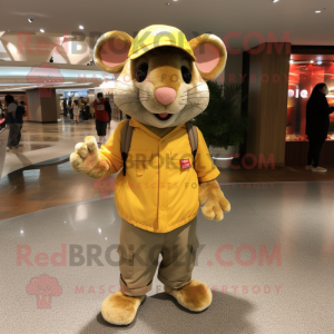 Gold Rat mascot costume character dressed with a Cargo Shorts and Caps