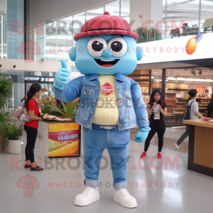Sky Blue Hamburger mascot costume character dressed with a Denim Shirt and Digital watches