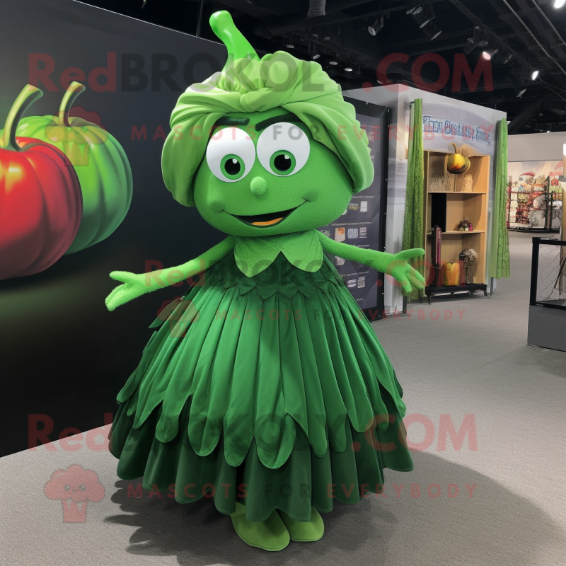 Forest Green Apple mascot costume character dressed with a Pleated Skirt and Necklaces