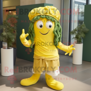 Lemon Yellow Medusa mascot costume character dressed with a Bermuda Shorts and Berets