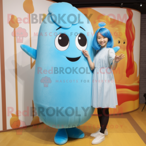 Sky Blue Miso Soup mascot costume character dressed with a Shift Dress and Hair clips