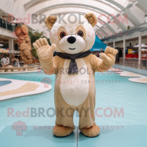 Beige Teddy Bear mascot costume character dressed with a Swimwear and Mittens