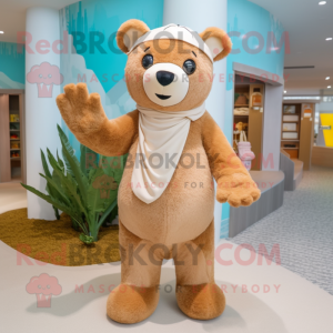 Beige Teddy Bear mascot costume character dressed with a Swimwear and Mittens