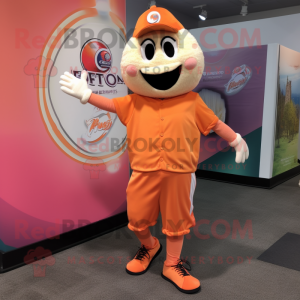 Peach Pizza Slice mascot costume character dressed with a Joggers and Lapel pins