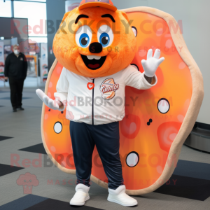 Peach Pizza Slice mascot costume character dressed with a Joggers and Lapel pins