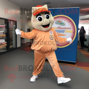 Peach Pizza Slice mascot costume character dressed with a Joggers and Lapel pins