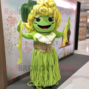 Lime Green Ramen mascot costume character dressed with a Blouse and Hairpins