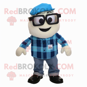 Blue Pho mascot costume character dressed with a Flannel Shirt and Eyeglasses