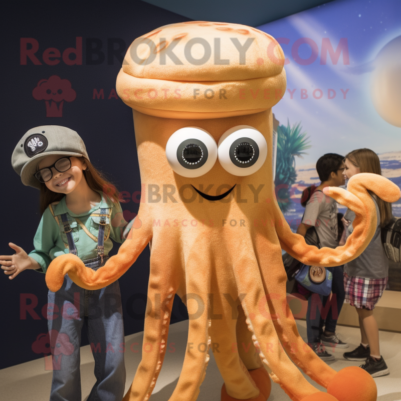 Tan Squid mascot costume character dressed with a Mom Jeans and Hairpins