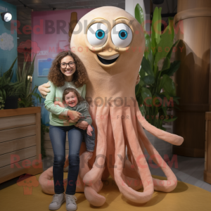 Tan Squid mascot costume character dressed with a Mom Jeans and Hairpins