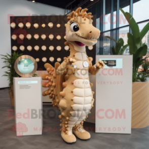 Beige Sea Horse mascot costume character dressed with a Bodysuit and Coin purses