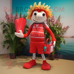 Red Bouquet Of Flowers mascot costume character dressed with a Board Shorts and Handbags