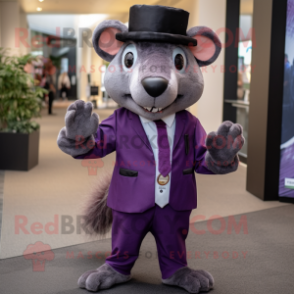 Purple Rat mascot costume character dressed with a Suit Jacket and Hat pins