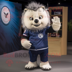 Navy Porcupine mascot costume character dressed with a Polo Shirt and Rings