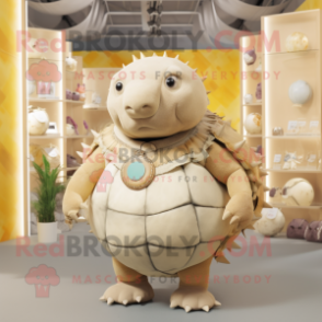 Cream Glyptodon mascot costume character dressed with a Romper and Necklaces