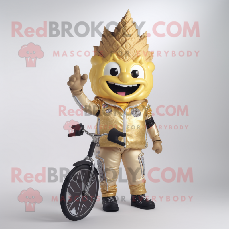 Gold Ice Cream Cone mascot costume character dressed with a Moto Jacket and Hairpins