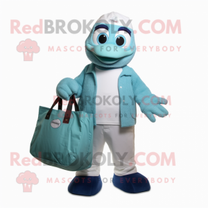 Teal Ice mascot costume character dressed with a Henley Shirt and Tote bags