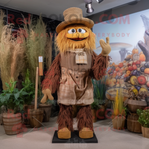 Brown Scarecrow mascot costume character dressed with a Blouse and Hat pins