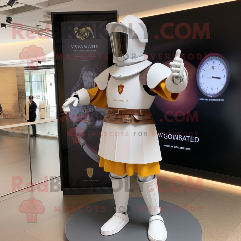 White Swiss Guard mascot costume character dressed with a V-Neck Tee and Digital watches