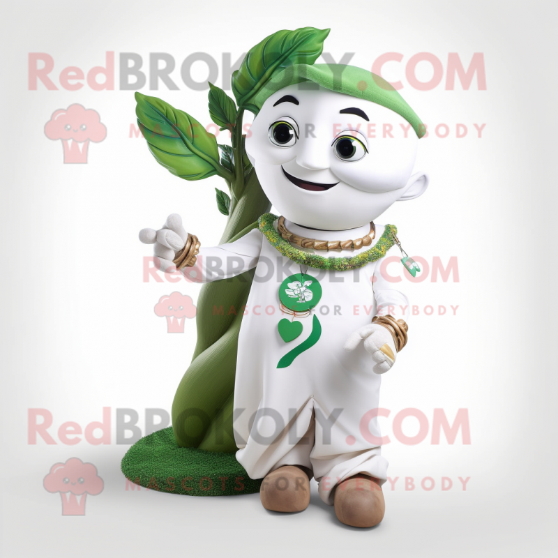 White Beanstalk mascot costume character dressed with a Polo Tee and Necklaces