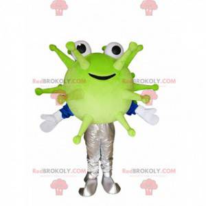 Glimlachende groene virusmascotte. Virus kostuum -